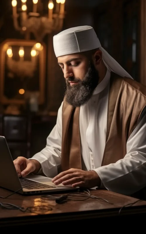 An Islamic man working on a laptop , , 8k, infinite details, photorealistic full body shot in the style of hyper realism and photo realism --ar 3:4 --style raw --stylize 250 --v 5.2 Job ID: 34d987a6-78eb-4207-ad40-fcf69fa1ba82